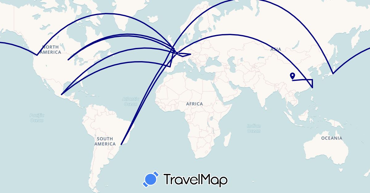 TravelMap itinerary: driving in Austria, Brazil, Switzerland, China, Spain, France, United Kingdom, Japan, Mexico, Taiwan, United States (Asia, Europe, North America, South America)